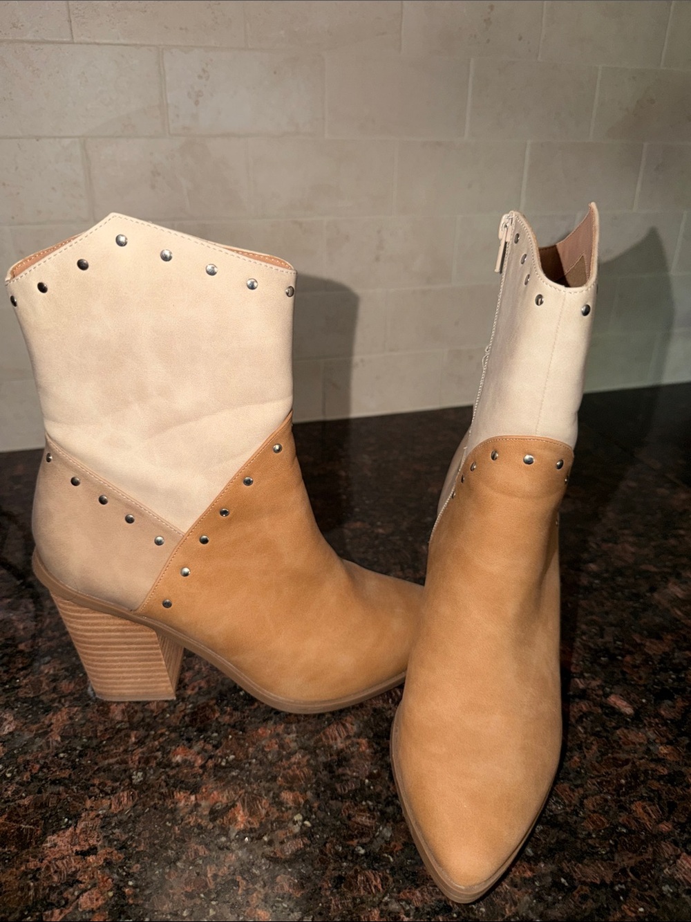 Dolce Vita Tan and Cream Studded Western Ankle Boots